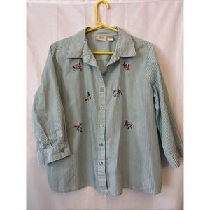 Vtg Baxter & Wells Button Up Blouse XL Green Striped Embroidered Birds & Houses